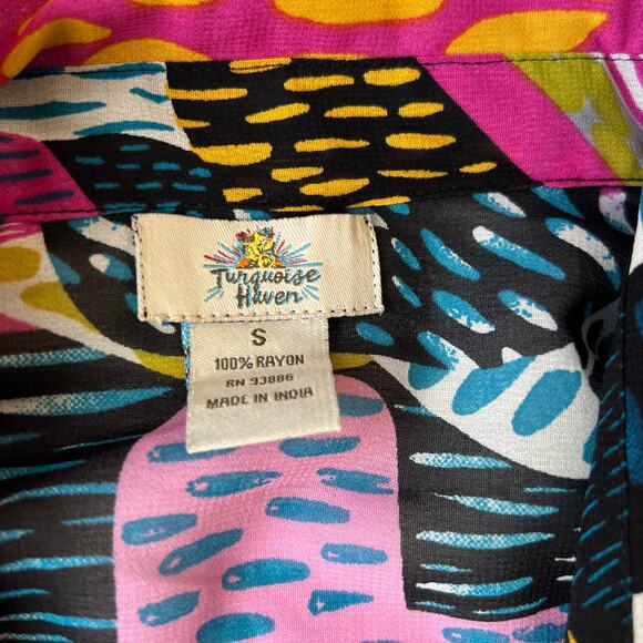 Turquoise Haven Bold Pattern Colorful Semi Shear Short Sleeve Tunic Top -sz S - Picture 3 of 5